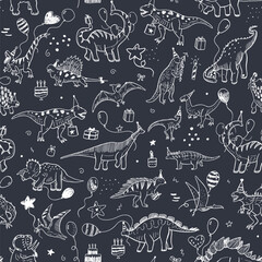 Dinosaur birthday vector line seamless pattern. © GooseFrol