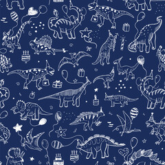 Dinosaur birthday vector line seamless pattern.
