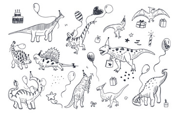 Dinosaur birthday vector illustrations set.