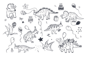 Dinosaur birthday vector illustrations set. © GooseFrol