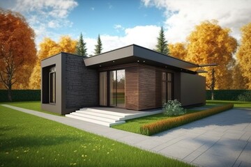 Fototapeta na wymiar Modern house with flat roof, minimal architecture. Generative AI illustration.