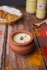 Fototapeta na wymiar Thandai is a traditional summer beverage in India. Also Thandai (Indian cold beverage) is a very famous Holi Snack in india