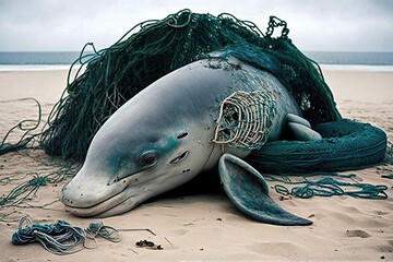 A stranded dead dolphin caught in fishing nets. Generative AI