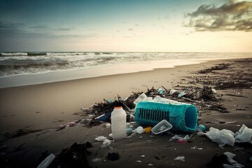 Plastic trash in the ocean. Ocean plastic pollution. Generative AI.