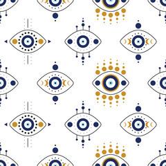 Greek evil eye vector symbol of protection. Seamless pattern. Turkish Nazar Boncugu amulet illustration. Believed that it protects against evil eye. Background of blue Turkish eyes