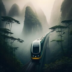 A modern train passes through a foggy mountain. Generative AI.