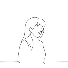 three quarters portrait of a woman - one line drawing. concept young long-haired woman smiling