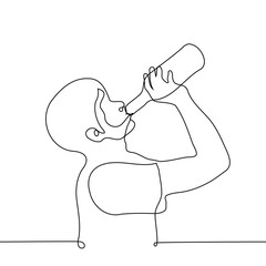 man stands in profile and drinks from a glass bottle - one line drawing. concept quench thirst, drink from a bottle