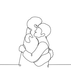 men hugging tightly - one line drawing. concept long-awaited meeting, friends, family, lovers