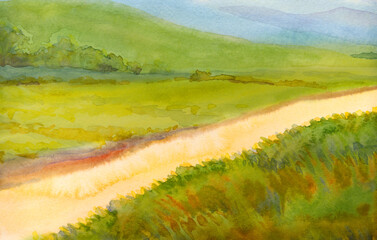 Watercolor painting. Summer river landscape