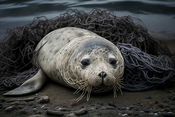 Fur seal tangled in fishing nets. Generative AI.
