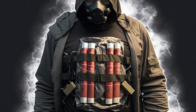 Suicide bomber terrorist in mask with explosives sticks on chest, dangerous criminal going to attack innocent civilians. Suicide bomb terrorist with stack of plastic explosive, generative AI
