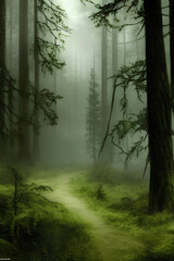 Path in the Dark forest, mysterious forest, for fantasy book cover. 