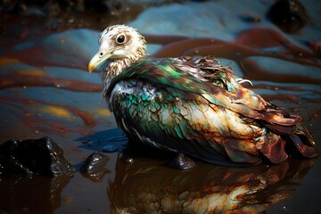A seagull caught in an oil slick. A bird covered in oil. Environmental pollution. Generative AI.