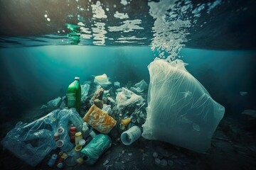 Plastic trash in the ocean. Ocean plastic pollution. Generative AI.