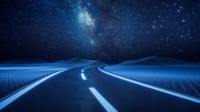 Highway road with digital space background, 3d rendering.