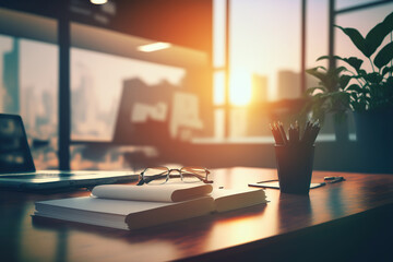 Desk top and blurred office background. Generative AI illustration.