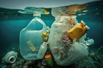 Plastic trash in the ocean. Ocean plastic pollution. Generative AI.