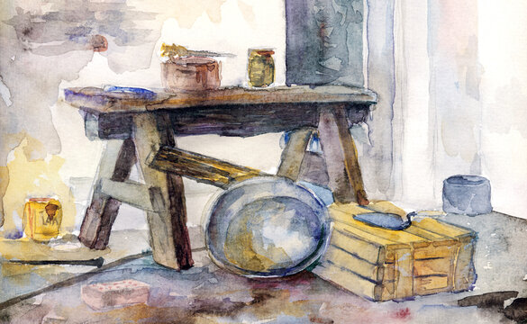 Watercolor painting. Old wooden rack for renovation