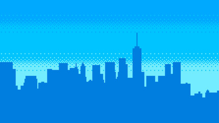 Pixel art city silhouette. 8 bit style vector illustration.