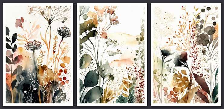 Watercolor floral backgrounds set. Modern loose watercolor. Generative AI.