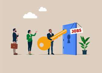 Business people walking and holding key open door to path to career success. Dream job. Key success to career.  Flat vector illustration