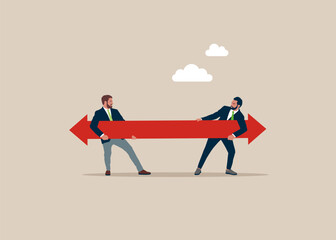 Fototapeta na wymiar Two businessman holding arrow running in opposite position. Choices and Finding or Choosing the right path. Modern vector illustration in flat style