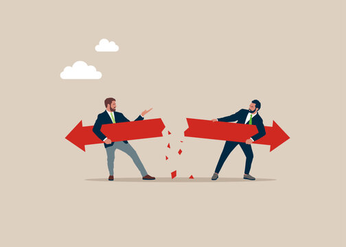 Business people left with arrows in different directions. Difference of opinions. Modern vector illustration in flat style