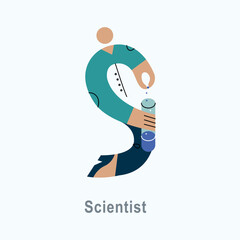 Vector illustration with Scientist in flat style. Profession ABC series. Alphabet. Letter S
