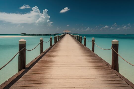 A pier made of wood leading to a Maldivian island in the Indian Ocean. Weather was perfect, with a clear blue sky. Generative AI