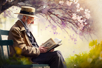 a old man in a straw hat is sitting on the bench under tree in spring garden with flowers and reading a book, generative ai