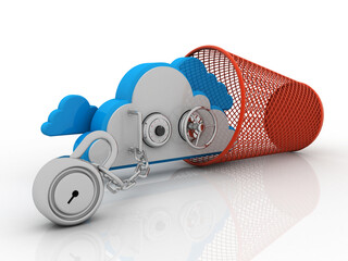 3d illustration Cloud computing, security in bin