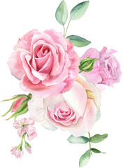 Watercolor separate individual flower illustration. Delicate bouquet with green leaves, pink peach blush flowers, twigs, eucalyptus, rose, peony. For wedding invitations, wallpapers, fashion prints.