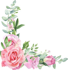 Watercolor separate individual flower illustration. Delicate bouquet with green leaves, pink peach blush flowers, twigs, eucalyptus, rose, peony. For wedding invitations, wallpapers, fashion prints.