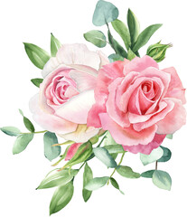 Watercolor separate individual flower illustration. Delicate bouquet with green leaves, pink peach blush flowers, twigs, eucalyptus, rose, peony. For wedding invitations, wallpapers, fashion prints.