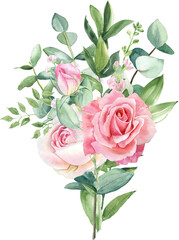 Watercolor separate individual flower illustration. Delicate bouquet with green leaves, pink peach blush flowers, twigs, eucalyptus, rose, peony. For wedding invitations, wallpapers, fashion prints.
