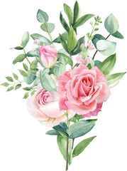 Fototapeta premium Watercolor separate individual flower illustration. Delicate bouquet with green leaves, pink peach blush flowers, twigs, eucalyptus, rose, peony. For wedding invitations, wallpapers, fashion prints.