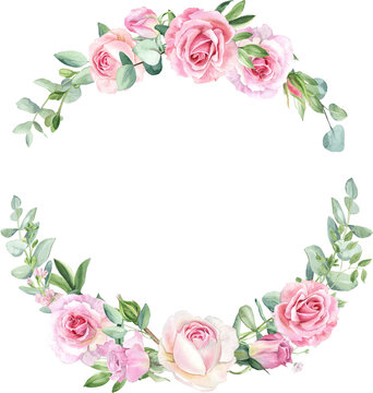 Watercolor separate individual floral illustration with round wreath. Delicate bouquet with green leaves, pink peach blush flowers, twigs, eucalyptus, rose, peony. For wedding invitations, wallpapers