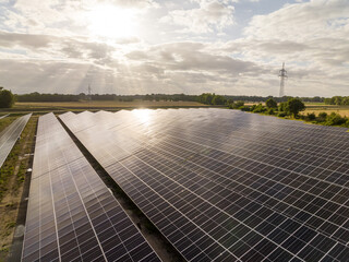 drone shot of a solar park in the countryside