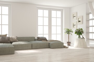 White living room with sofa. Scandinavian interior design. 3D illustration