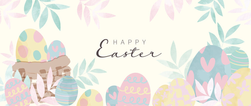 Happy Easter watercolor element background vector. Hand painted cute easter eggs with line and heart pattern, leaf branch, pastel color. Adorable doodle design for decorative, card, kids, banner.