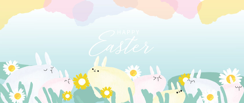 Happy Easter watercolor element background vector. Hand painted fluffy playful cute rabbit with spring flowers, garden, pastel color texture. Adorable doodle design for decorative, card, kids, banner.