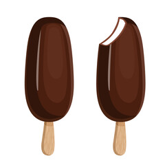Popsicle ice cream with chocolate icing on a wooden stick. Vector illustration of summer sweets.