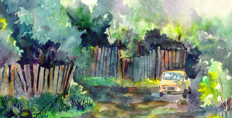 Watercolor landscape. Rurual street road