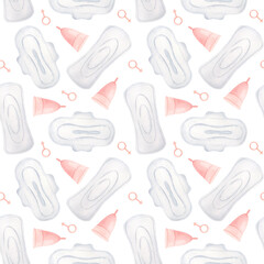 Seamless pattern of menstrual pads and menstrual cup on a white background. Packaging for female intimate hygiene products. Personal hygiene product for women. Watercolor illustration.