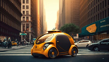 Fototapeta na wymiar Smart robot autopilot taxi rides along city street road. Generative AI