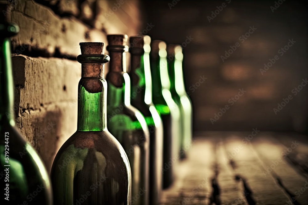 Aufkleber there is a row of old wine bottles in the cellar (shallow dof; color toned image). generative ai