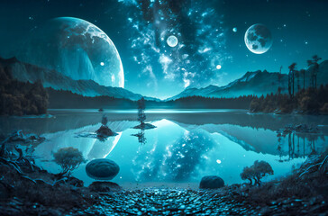 Fantasy alien planet blue landscape with moons rising and reflections in the water. Created with Generative AI technology.