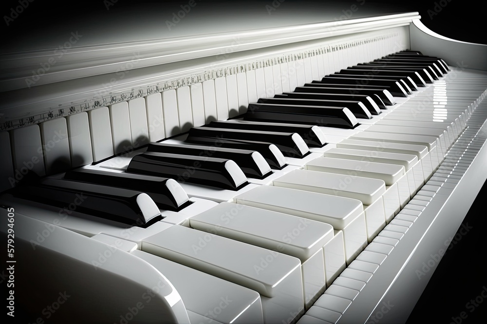 Sticker The keys of a white piano. a single, oblique shot of a musical instrument or other device. duplicate space practicing an instrument in one's own space. Concert idea, digital grand piano in white, play