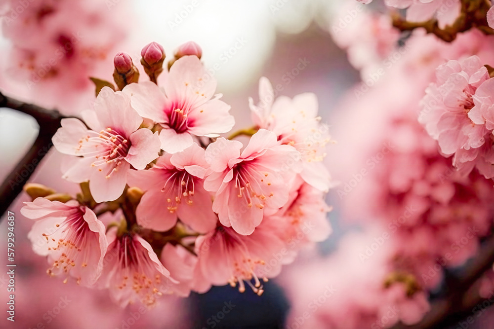 Poster spring cherry blossom closeup with blurred background. created with generative ai technology.